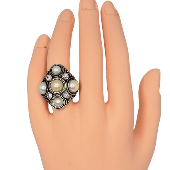 Vintage White Pearl Rhinestone Cocktail Ring Sz 6.5 Antiqued Finish Adjustable - Picture 5 of 16